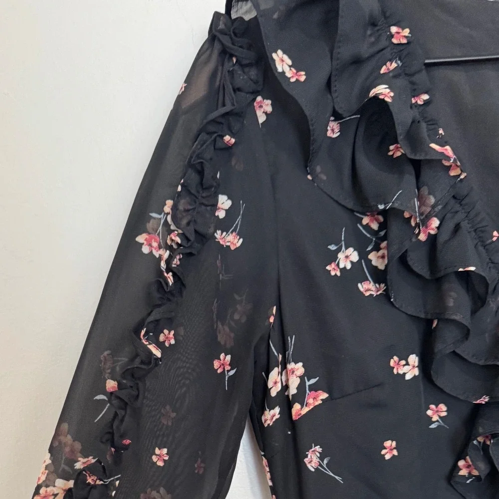Lulu's Growing Affection Black Floral Print Ruffled Mini Dress Size Small